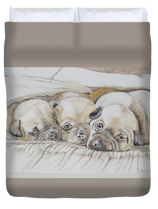 Puppies Duvet Cover featuring the pastel The 3 puppies by Teresa Smith