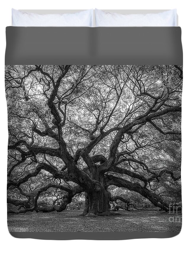 Angel Oak Tree Duvet Cover featuring the photograph The Angel Oak Tree BW by Michael Ver Sprill