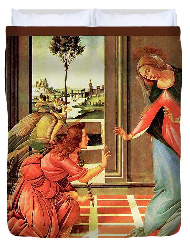 Annunciation Duvet Cover featuring the mixed media The Annunciation Virgin Mary Archangel Gabriel by Sandro Botticelli