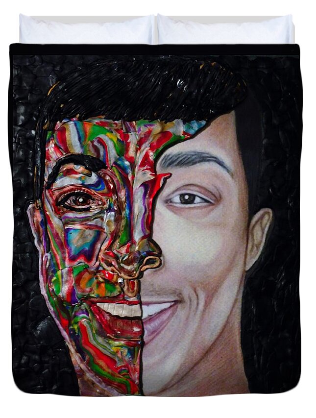 Portrait Duvet Cover featuring the mixed media The Artist Within by Deborah Stanley