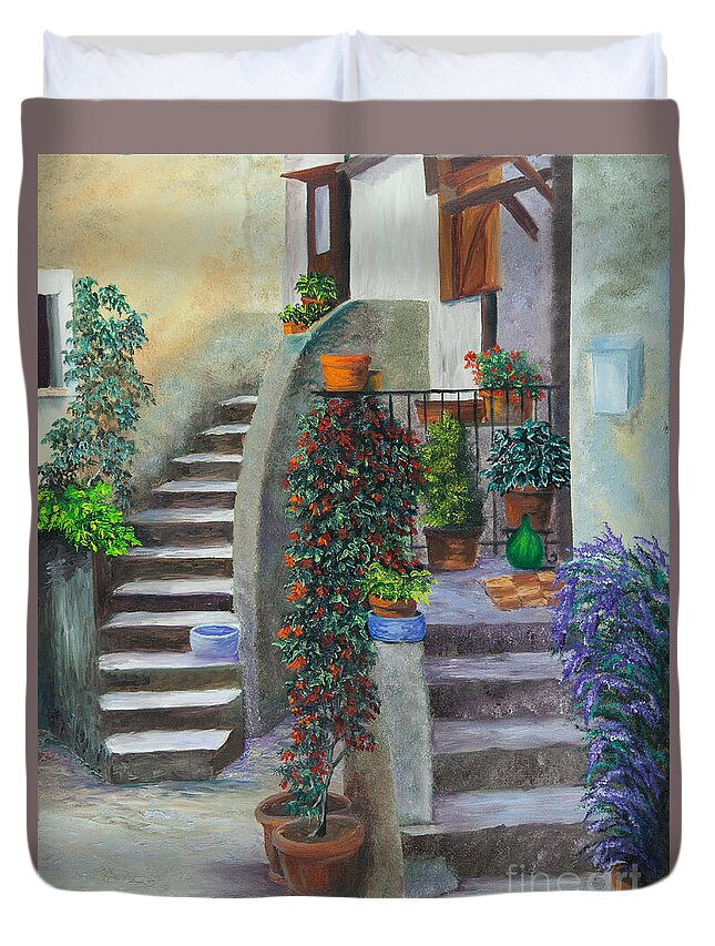 Italy Street Painting Duvet Cover featuring the painting The Back Stairs by Charlotte Blanchard