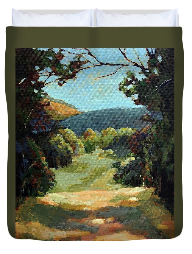 Summer Landscape Duvet Cover featuring the painting The Backroads - Original oil on canvas summer landscape by Linda Apple