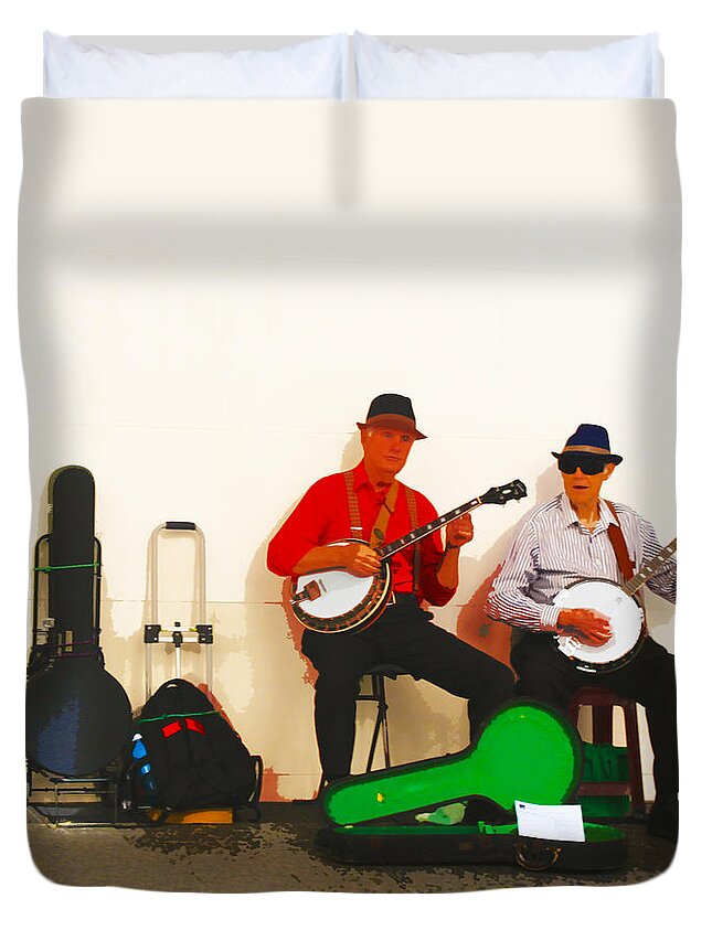 Susan Vineyard Duvet Cover featuring the photograph The Banjo Dudes by Susan Vineyard
