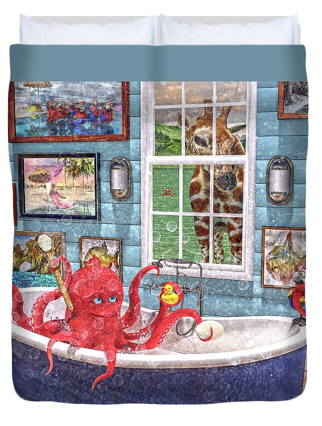 Octopus Duvet Cover featuring the digital art The Bath by Betsy Knapp