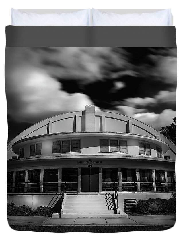 Auditorium Duvet Cover featuring the photograph The Bay Front Community Center bw by Marvin Spates