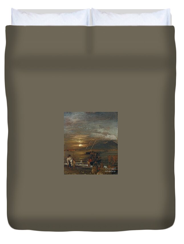 Oswald Achenbach Duvet Cover featuring the painting The Bay Of Naples In The Moonlight by MotionAge Designs