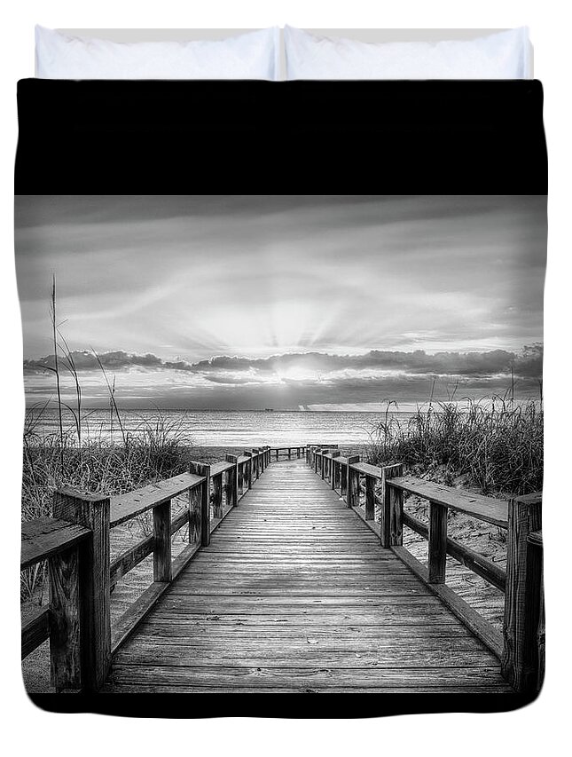 Black Duvet Cover featuring the photograph The Beach is Calling Black and White by Debra and Dave Vanderlaan