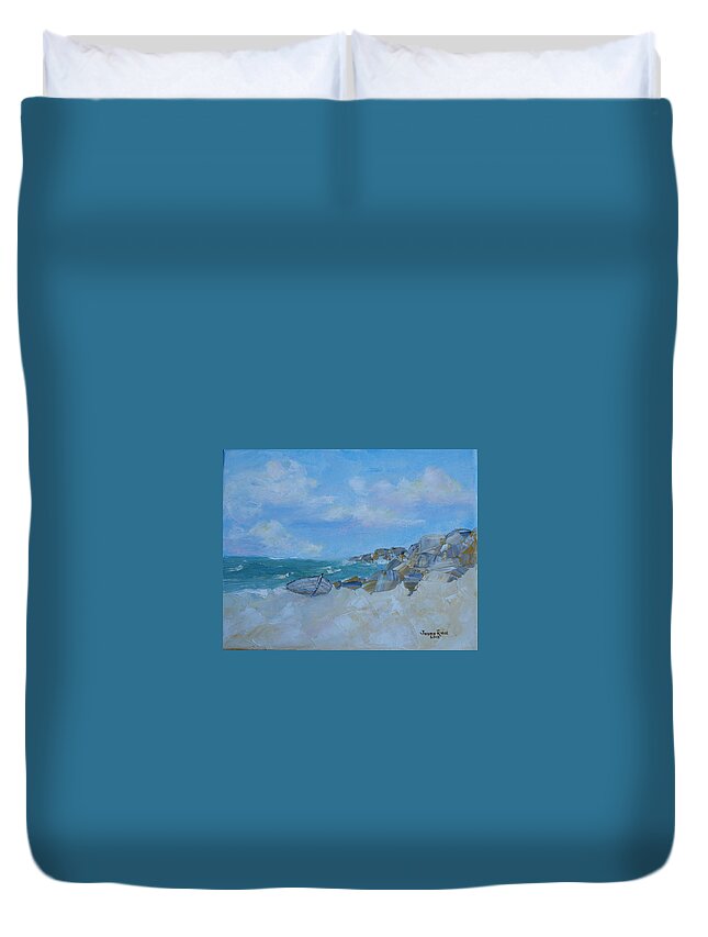Boat Duvet Cover featuring the painting The Beached Boat by Judith Rhue