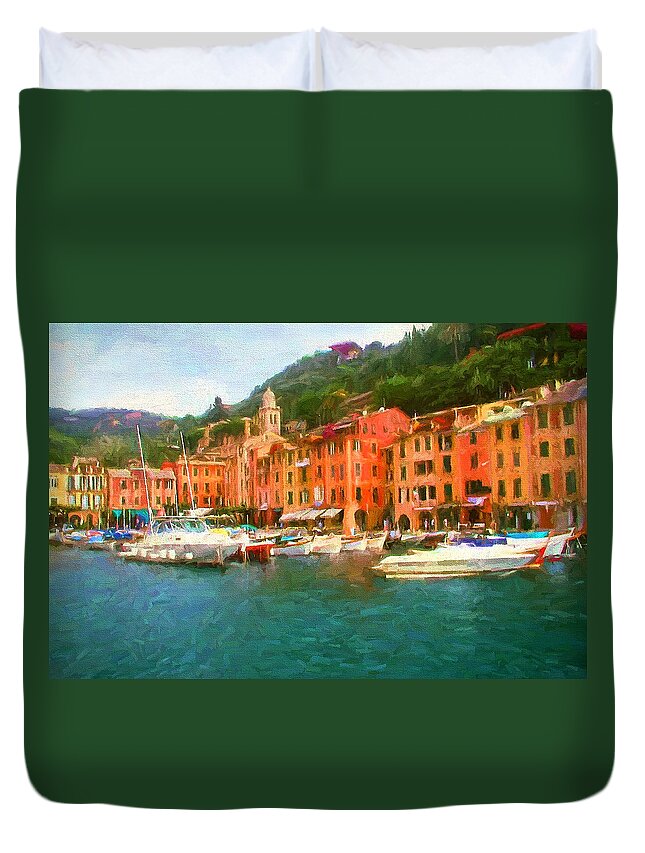 Painting Duvet Cover featuring the painting The Beautiful Harbor of Portofino by Mitchell R Grosky