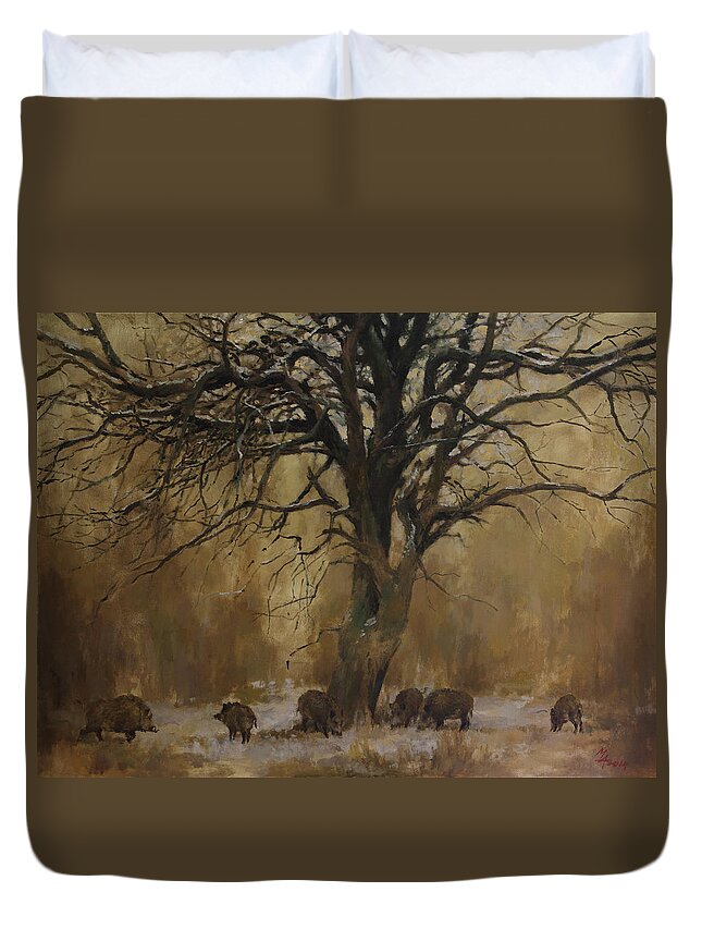 Boar Duvet Cover featuring the painting The Big Tree with Wild Boars by Attila Meszlenyi