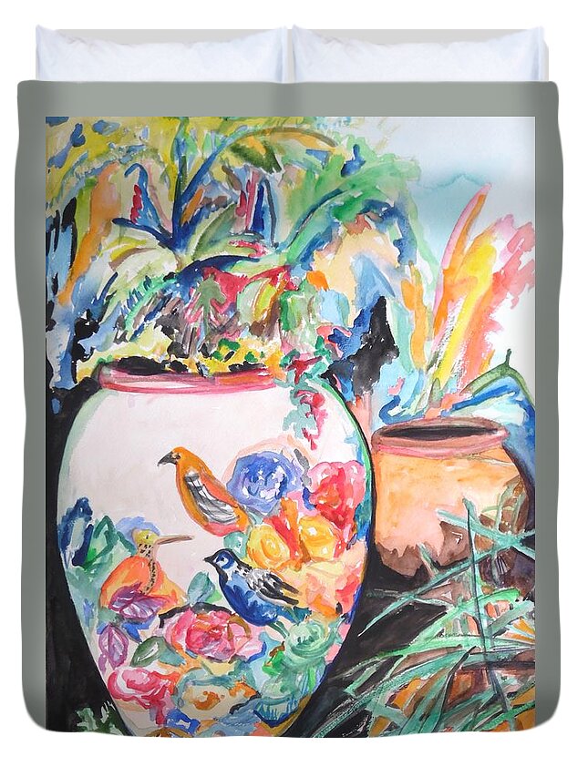 The Bird Flower Pot Duvet Cover featuring the painting The Bird Flower Pot by Esther Newman-Cohen
