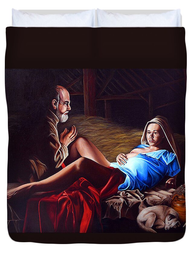 Virgin Mary Duvet Cover featuring the painting The Birth by Vic Ritchey