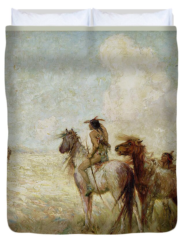 The Duvet Cover featuring the painting The Bison Hunters by Nathaniel Hughes John Baird