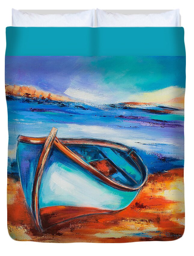 Boat Duvet Cover featuring the painting The Blue Boat by Elise Palmigiani