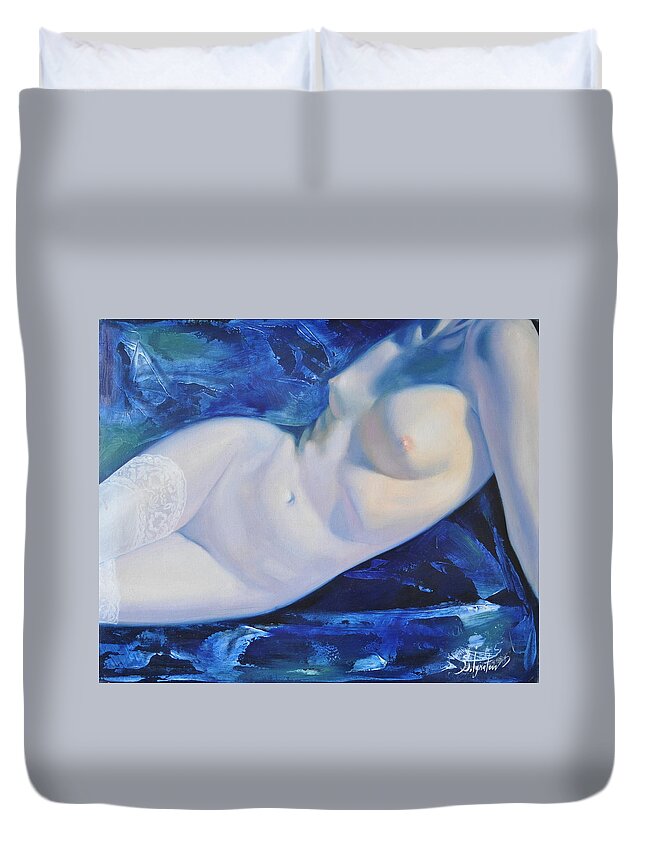 Art Duvet Cover featuring the painting The blue ice by Sergey Ignatenko