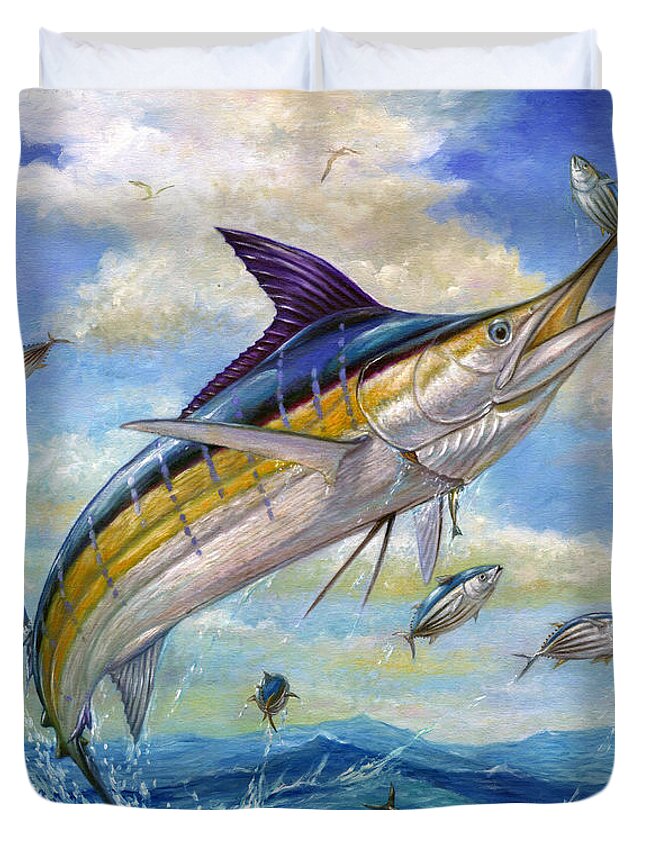 Blue Marlin Duvet Cover featuring the painting The Blue Marlin Leaping To Eat by Terry Fox