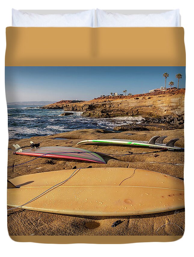 Surfboards Duvet Cover featuring the photograph The Boards by Peter Tellone