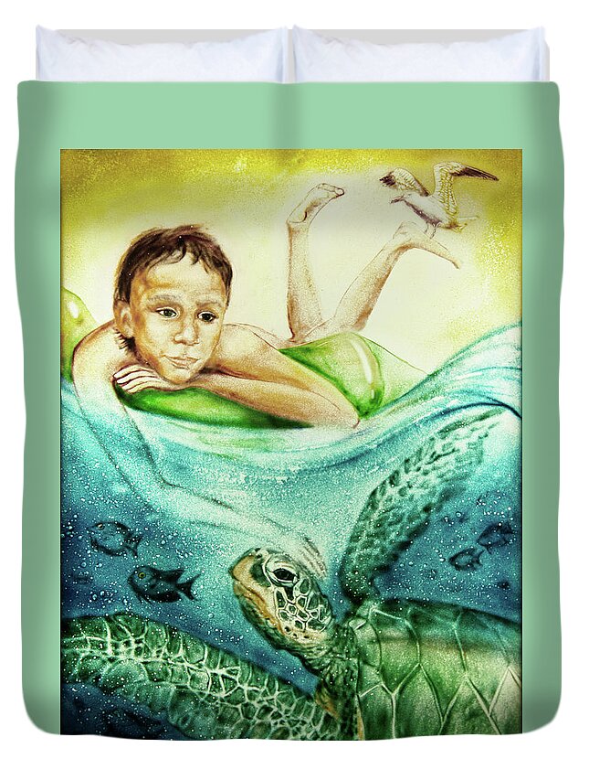 Russian Artists New Wave Duvet Cover featuring the painting The Boy and the Turtle by Elena Vedernikova