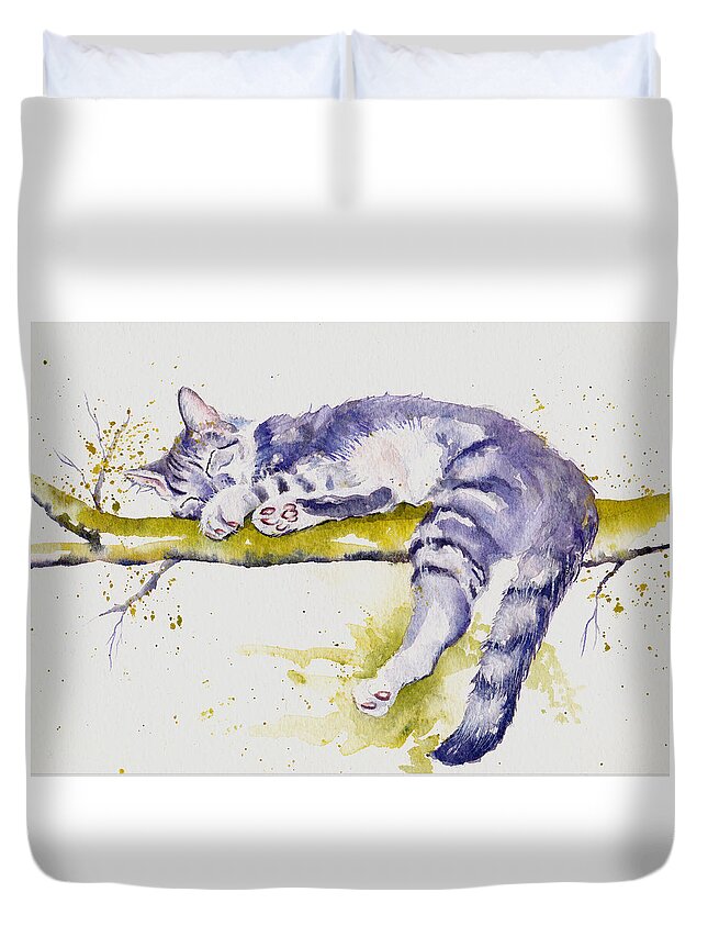 Cats Duvet Cover featuring the painting The Branch Manager - Sleeping Cat by Debra Hall