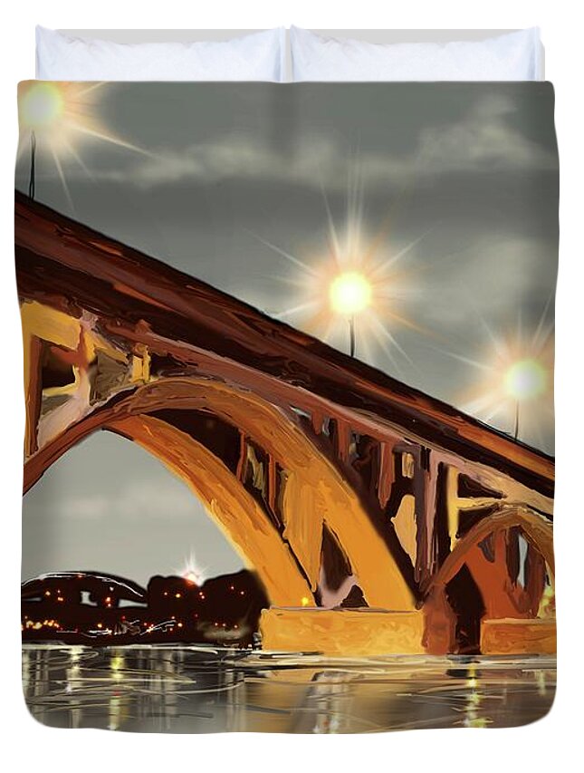 River Duvet Cover featuring the digital art The Bridge on the River by Darren Cannell