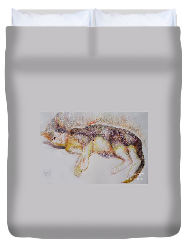 Acrylic Duvet Cover featuring the painting The marginal cat by Sukalya Chearanantana