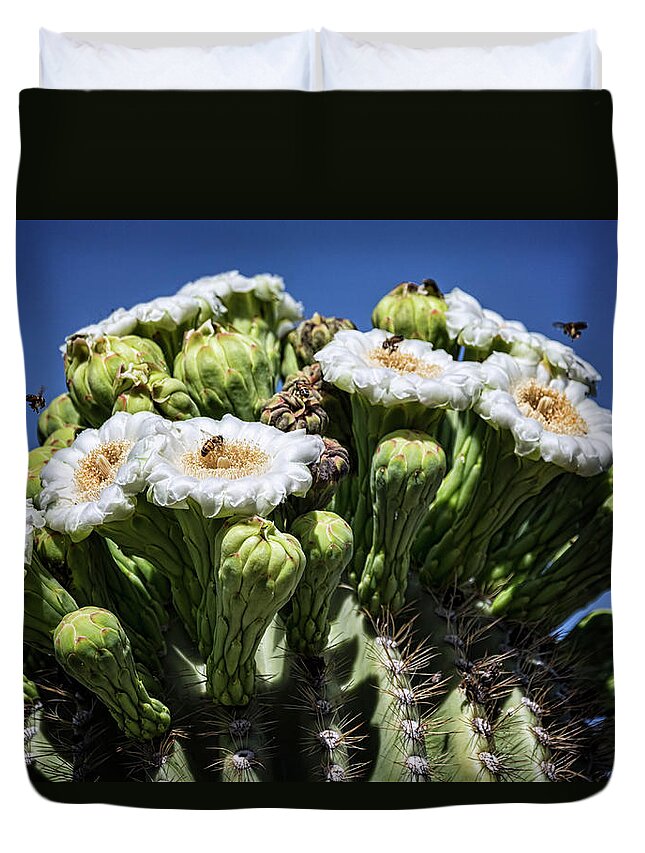 Saguaro Cactus Duvet Cover featuring the photograph The Busy Little Bees on the Saguaro Blossoms by Saija Lehtonen