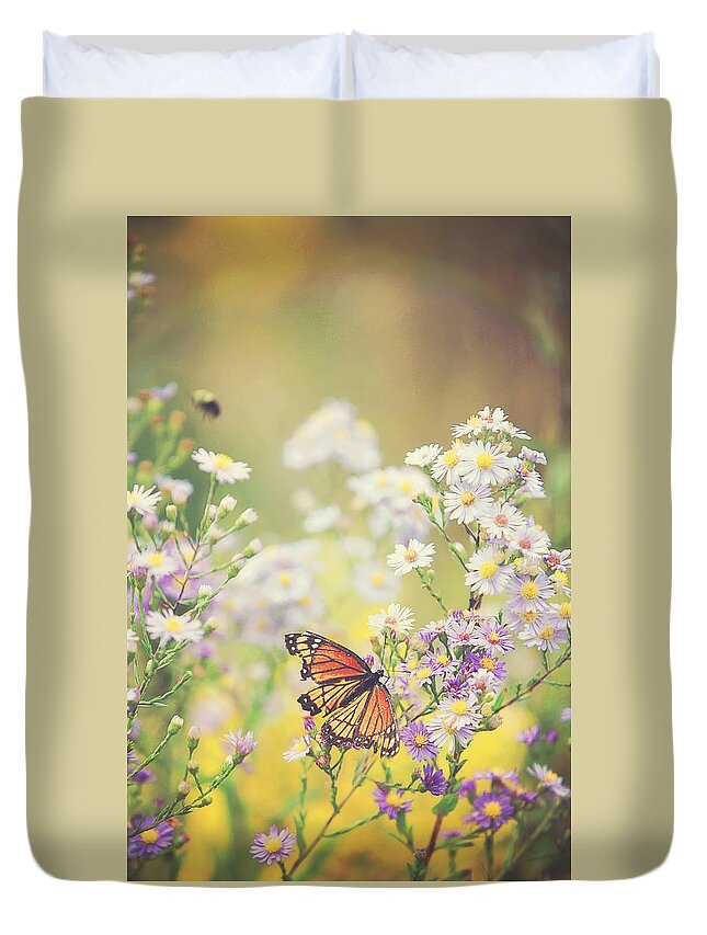 Butterfly Duvet Cover featuring the photograph The Butterfly and the Bee by Carrie Ann Grippo-Pike