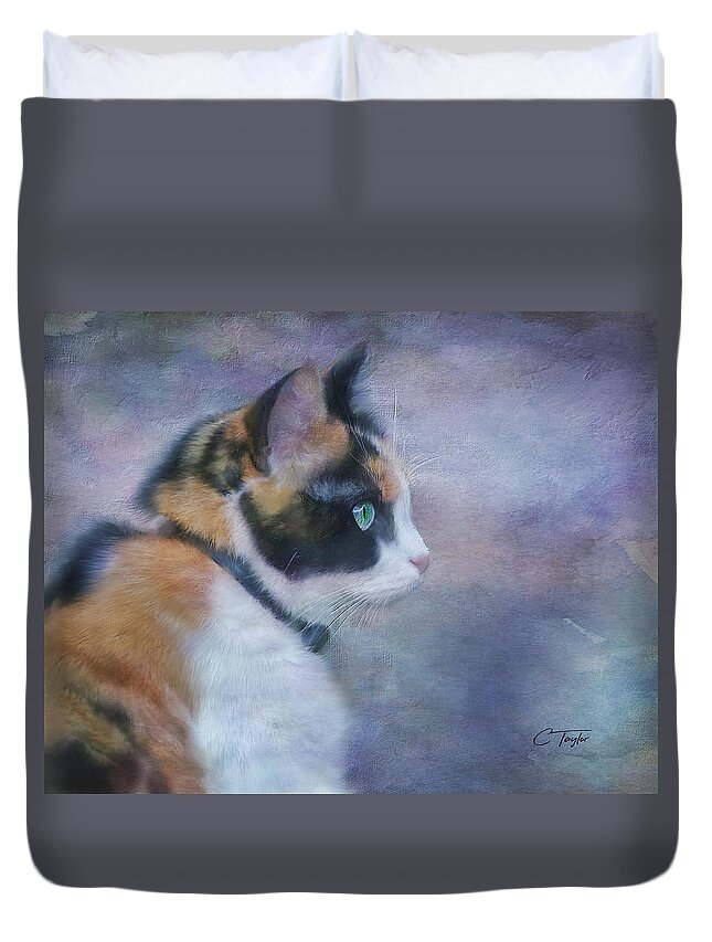 Cat Duvet Cover featuring the digital art The Calico Staredown by Colleen Taylor