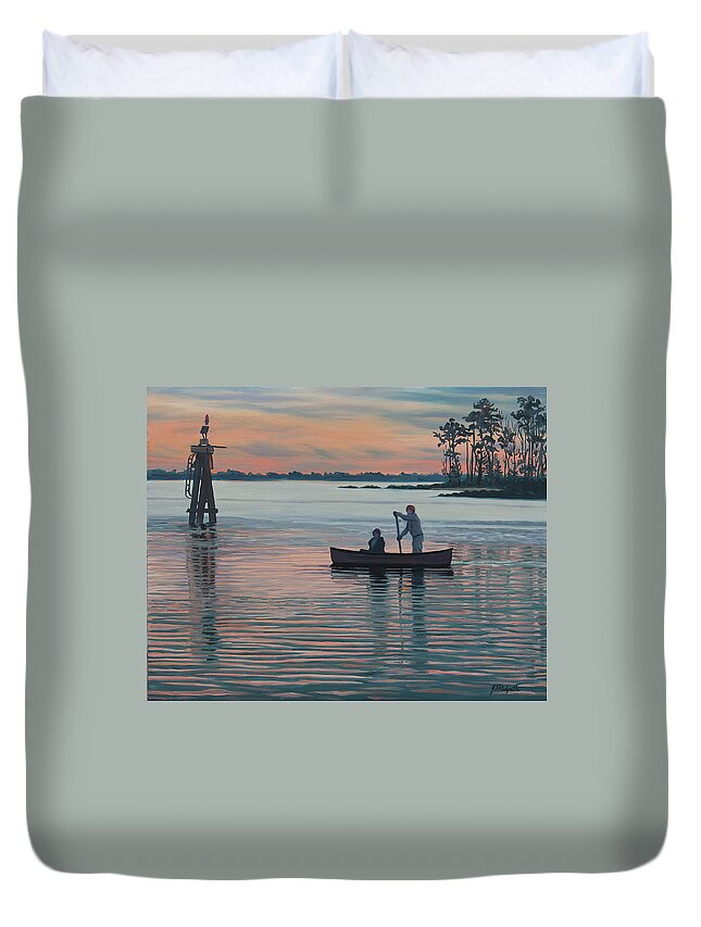 Neuse River Duvet Cover featuring the painting The Canoers by Tommy Midyette