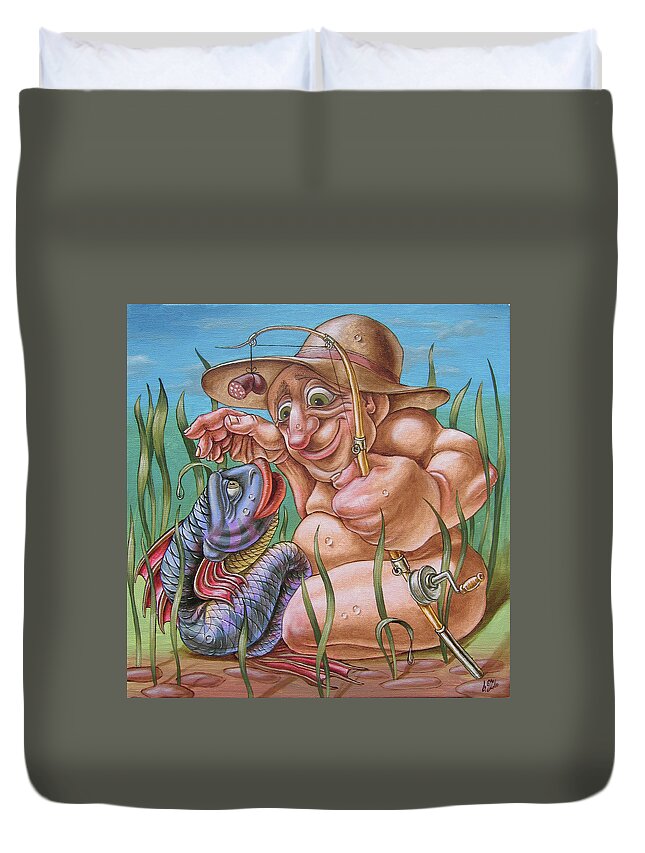 Fisherman Duvet Cover featuring the painting The case of fishing. by Victor Molev