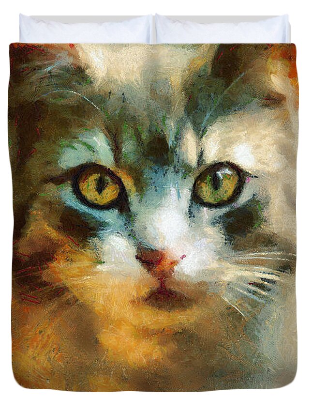 Painting Duvet Cover featuring the painting The Cat Eyes by Dimitar Hristov