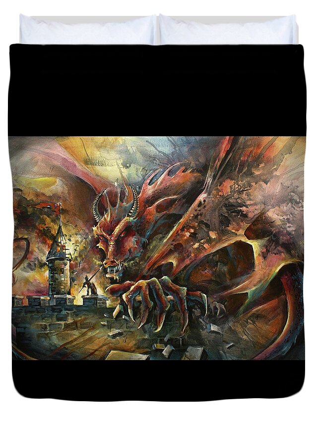 Fantasy Duvet Cover featuring the painting The Challenge by Michael Lang