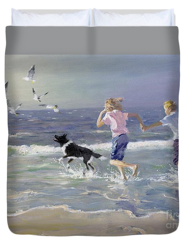 Seaside; Children Duvet Cover featuring the painting The Chase by William Ireland