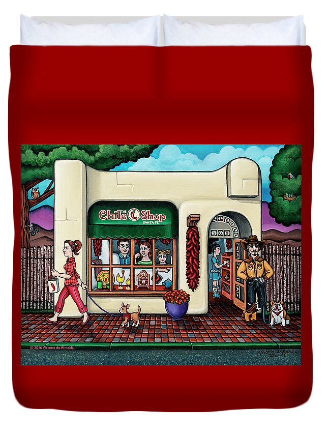 Chile Shop Duvet Cover featuring the painting The Chile Shop Santa Fe by Victoria De Almeida
