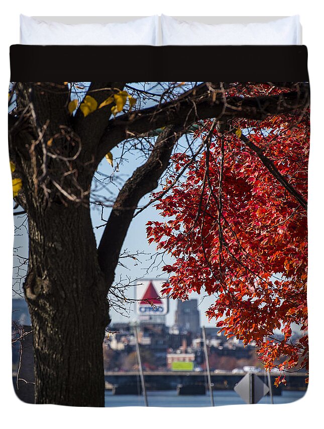 Boston Duvet Cover featuring the photograph The Citgo Sign Through the Trees Boston MA Charles River by Toby McGuire