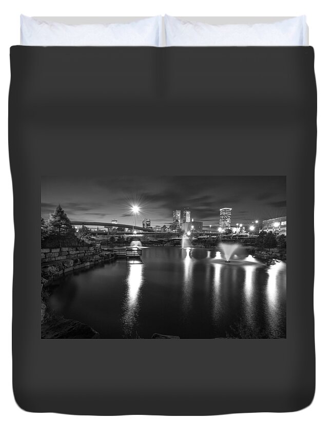 Long Exposure Duvet Cover featuring the photograph The City of Tulsa Oklahoma in Black and White by Gregory Ballos