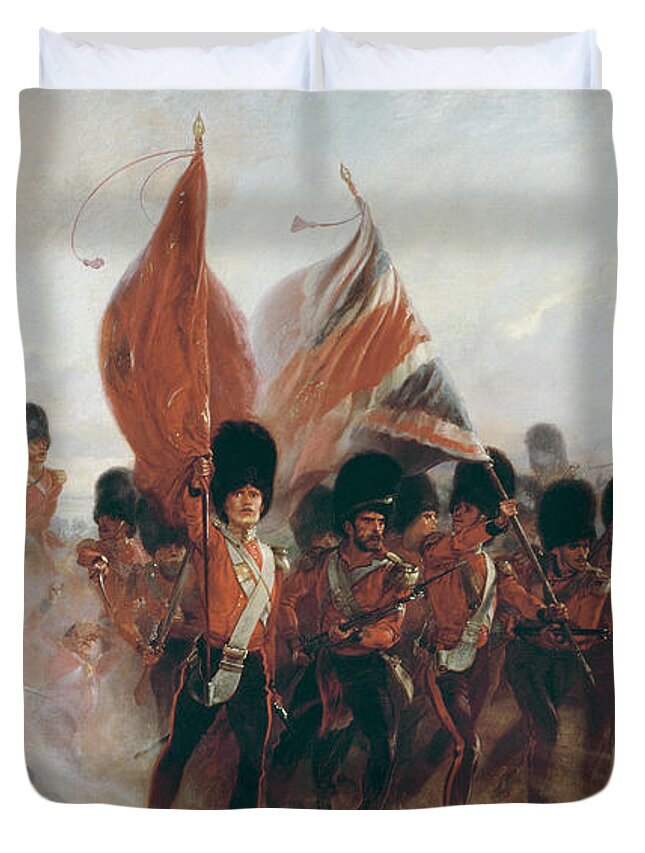 The Colours: Advance Of The Scots Guards At The Alma Duvet Cover featuring the painting The Colours by Elizabeth Southerden Thompson