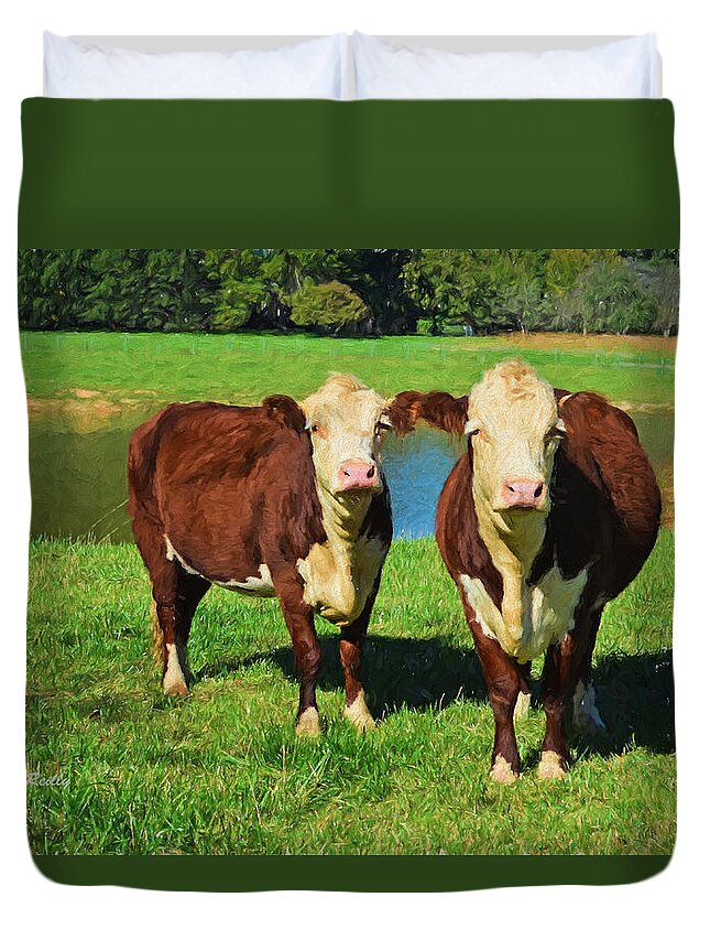 Hereford Duvet Cover featuring the photograph The Cow Girls by Sandi OReilly