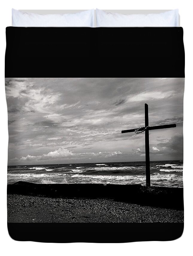 Clouds Duvet Cover featuring the photograph The Cross Black and White by Jerry Connally
