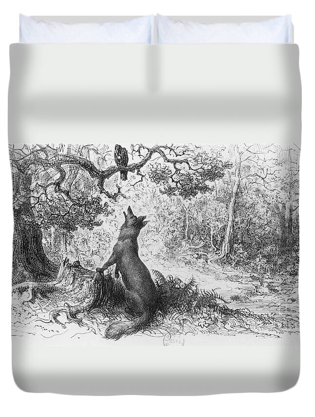 The Crow And The Fox Duvet Cover featuring the drawing The Crow and the Fox by Gustave Dore