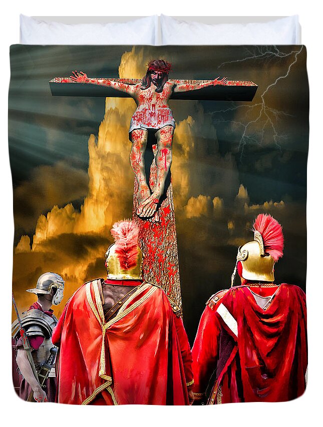Mark T. Allen Duvet Cover featuring the painting The Crucifixion by Mark Allen