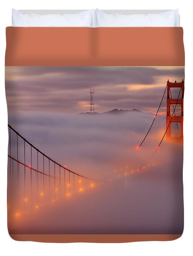 San Francisco Duvet Cover featuring the photograph The Dance Above The Bridge by Erick Castellon
