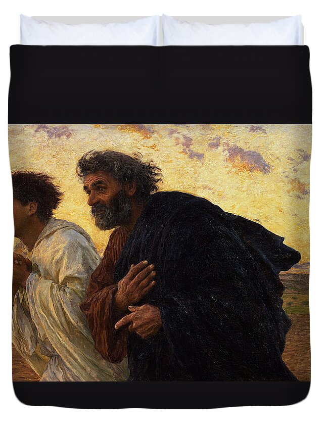 The Duvet Cover featuring the painting The Disciples Peter and John Running to the Sepulchre on the Morning of the Resurrection by Eugene Burnand