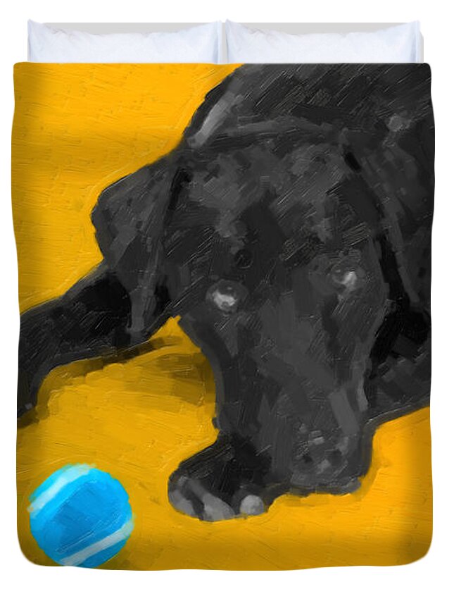 ‘the Dog Park’ Collection By Serge Averbukh Duvet Cover featuring the digital art The Dog Park - Black Labrador Retriever over Yellow Canvas by Serge Averbukh