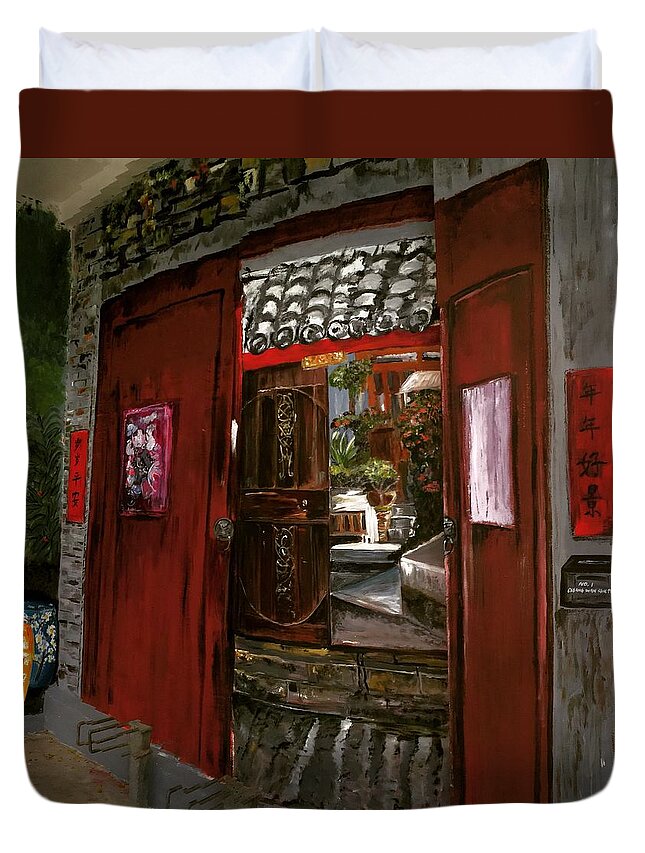 Door Duvet Cover featuring the painting The Red Door by Belinda Low