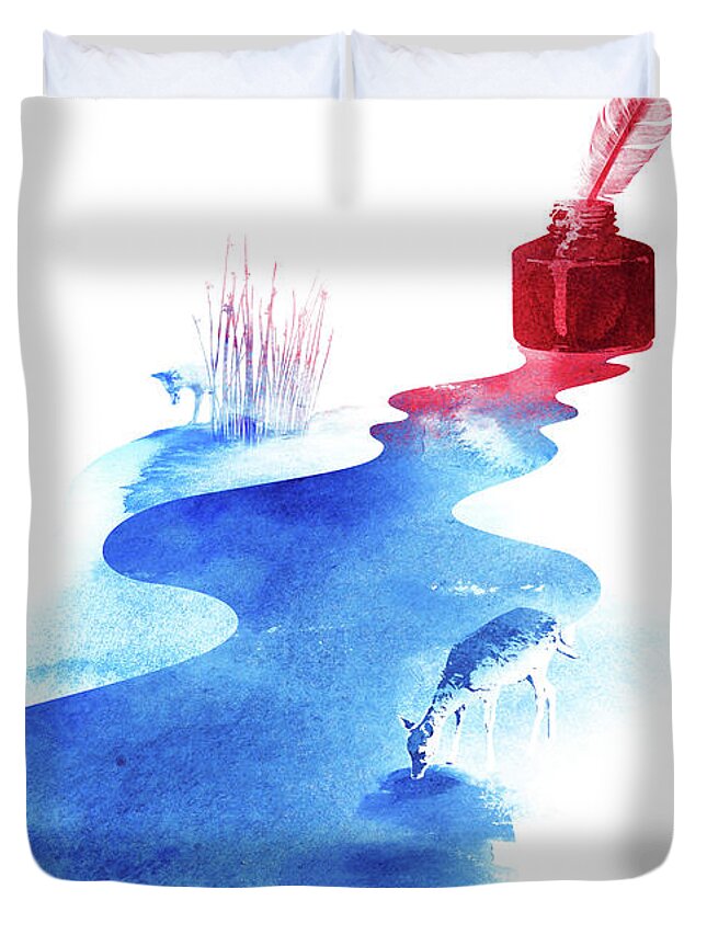 Fox Duvet Cover featuring the mixed media The drama of causality by Robert Farkas