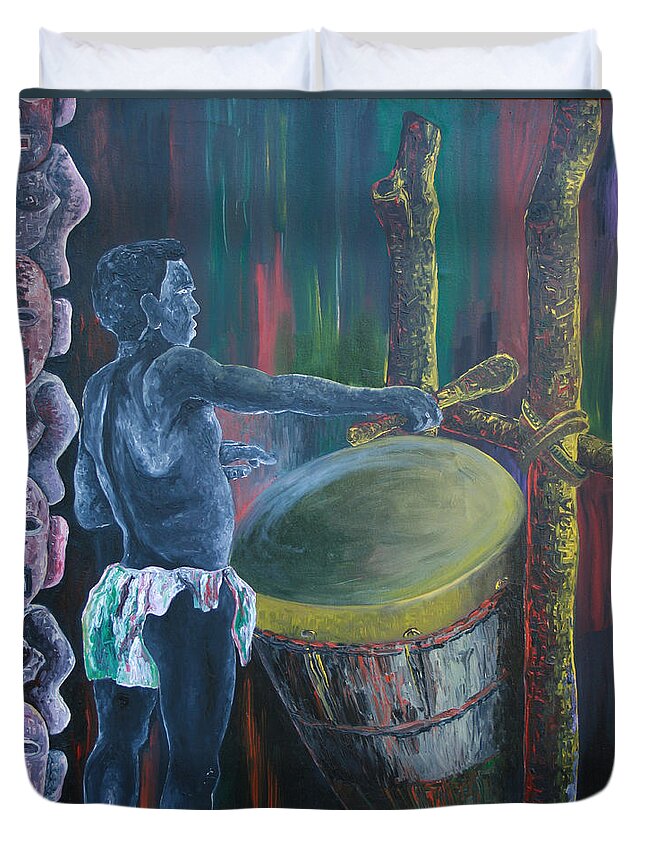 The Drummer Duvet Cover featuring the painting The Drummer by Obi-Tabot Tabe