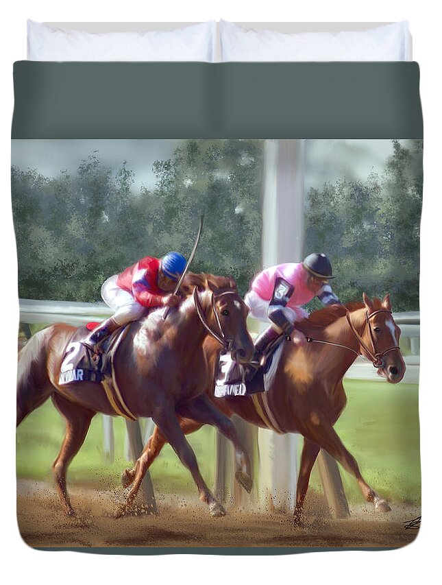 Horses Duvet Cover featuring the painting The Duel by Becky Herrera