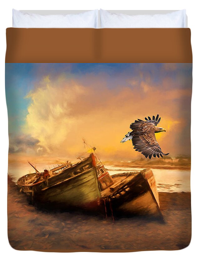The Eagle And The Boat Duvet Cover featuring the photograph The Eagle And The Boat by Georgiana Romanovna