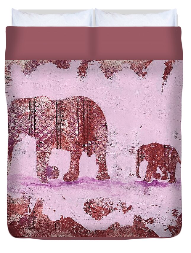 Elephant Duvet Cover featuring the mixed media The Elephant March by Ruth Kamenev